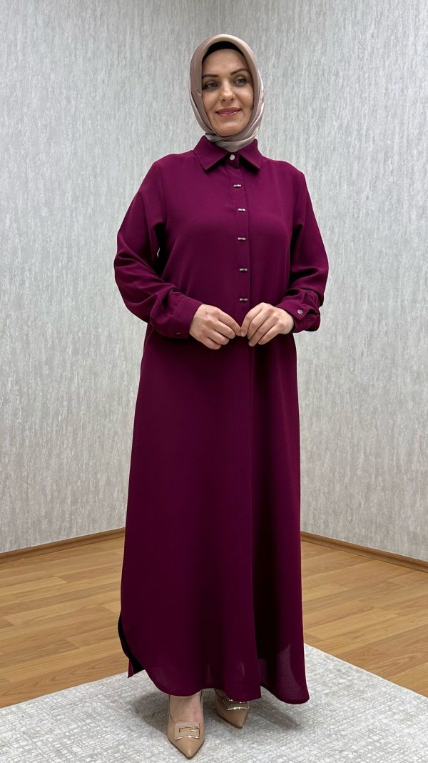 Süs Düğmeli Fuşya Tam Boy Tunik