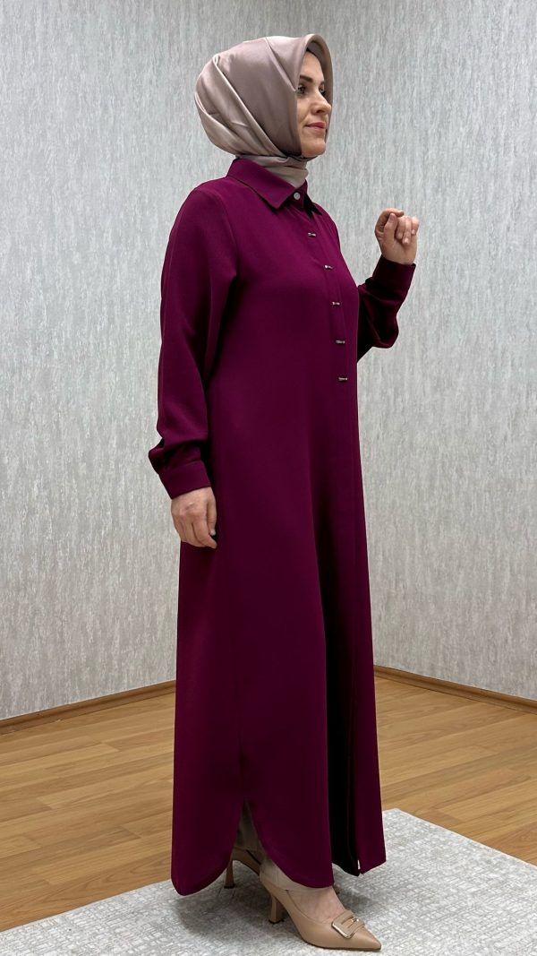 Süs Düğmeli Fuşya Tam Boy Tunik - Görsel 4