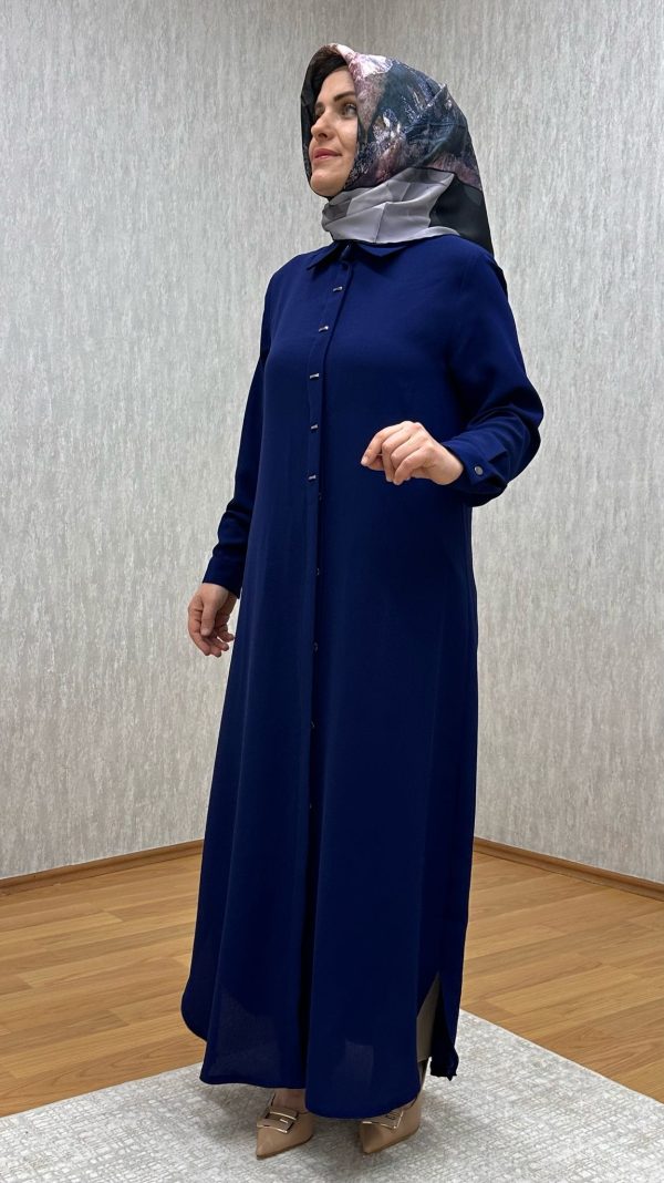 süs düğmeli lacivert tam boy tunik