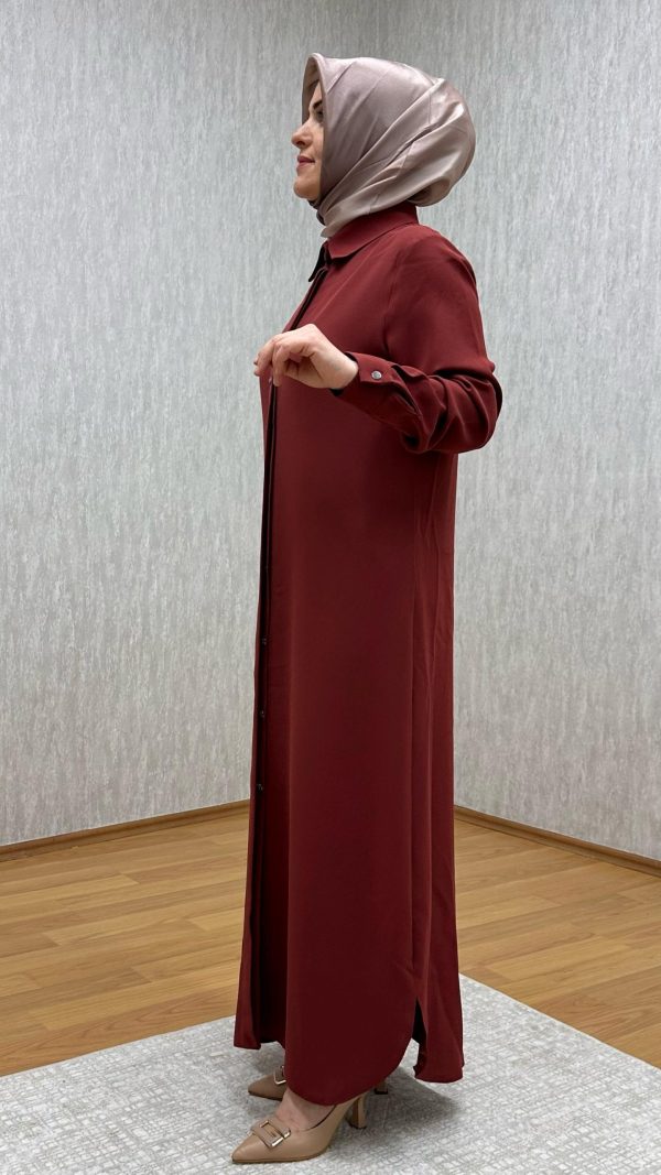 süs düğmeli kiremit tam boy tunik - Görsel 2