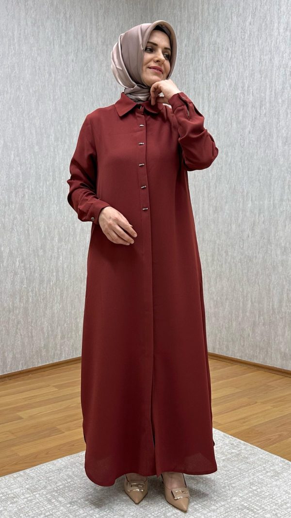 süs düğmeli kiremit tam boy tunik
