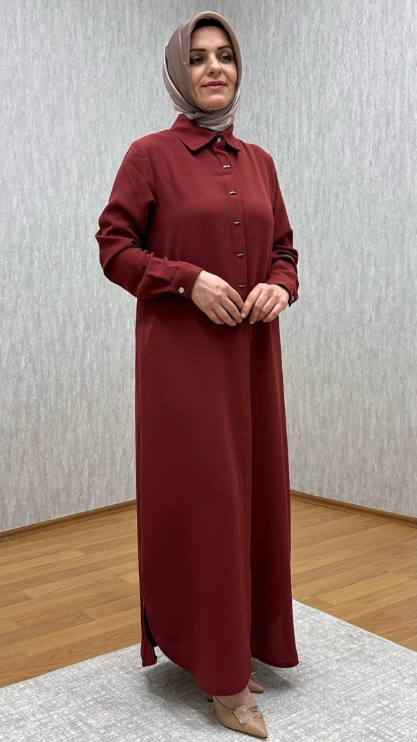 süs düğmeli kiremit tam boy tunik - Görsel 3