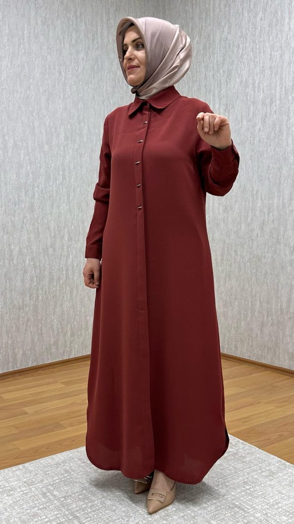 süs düğmeli kiremit tam boy tunik - Görsel 4