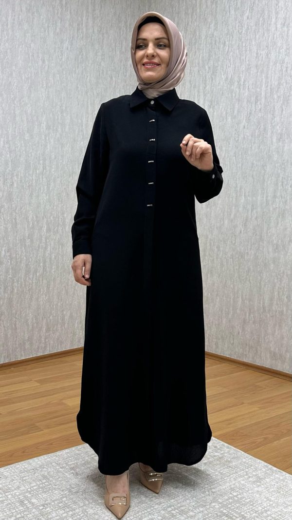 süs düğmeli siyah tam boy tunik