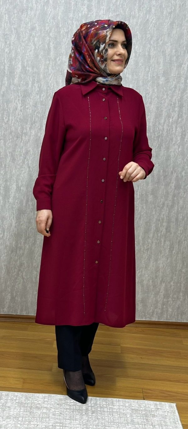 çift sıra taşlı bordo tunik