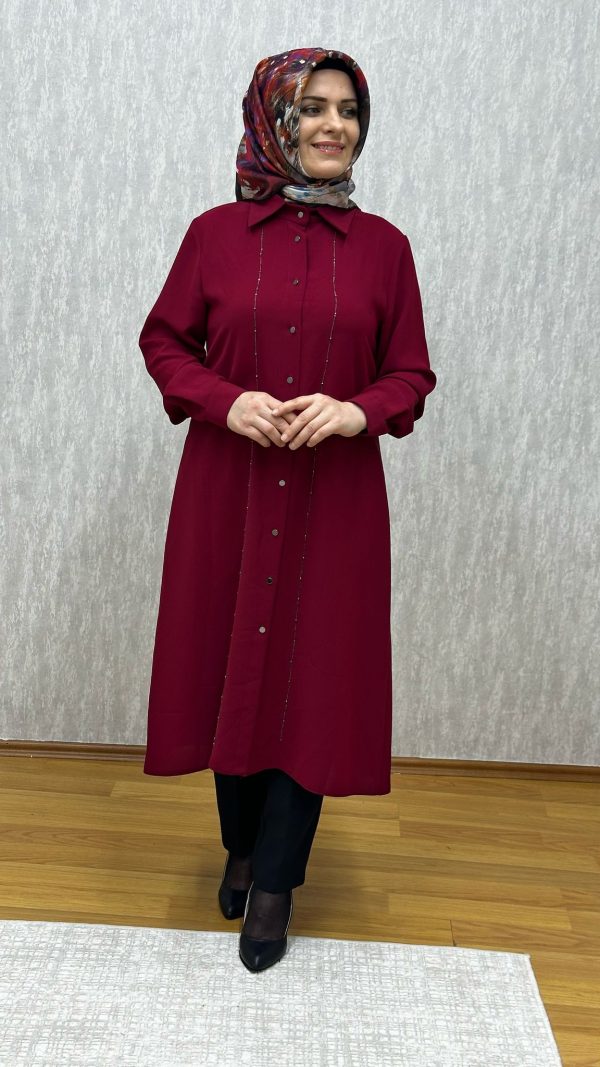 çift sıra taşlı bordo tunik - Görsel 2
