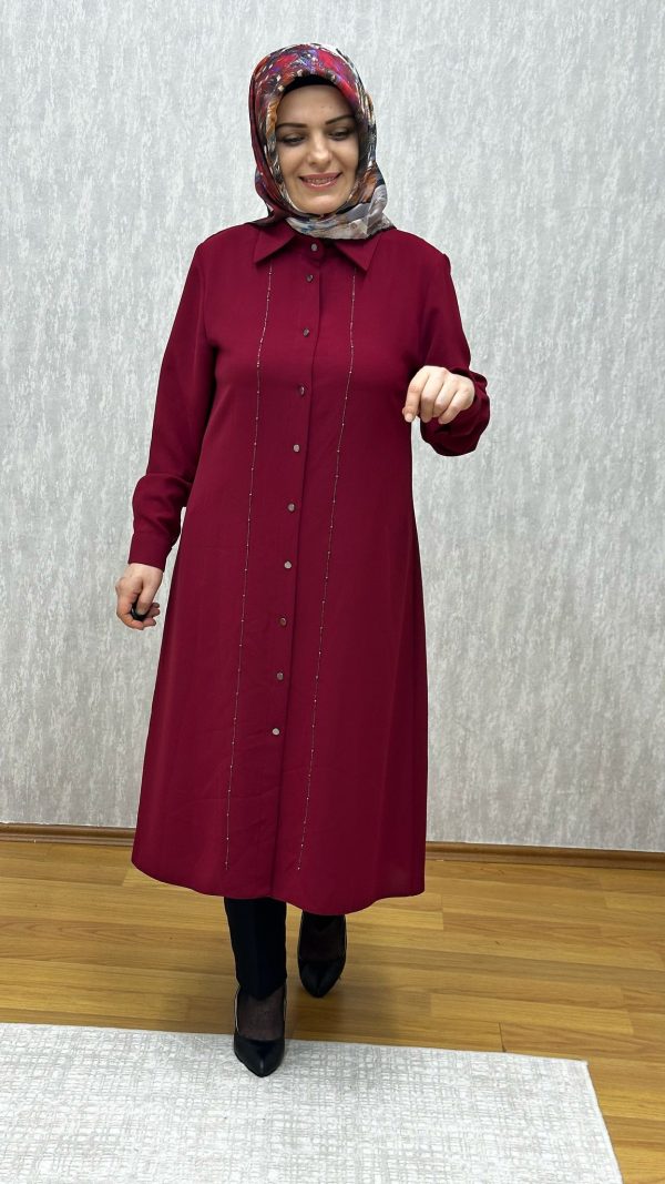 çift sıra taşlı bordo tunik - Görsel 3