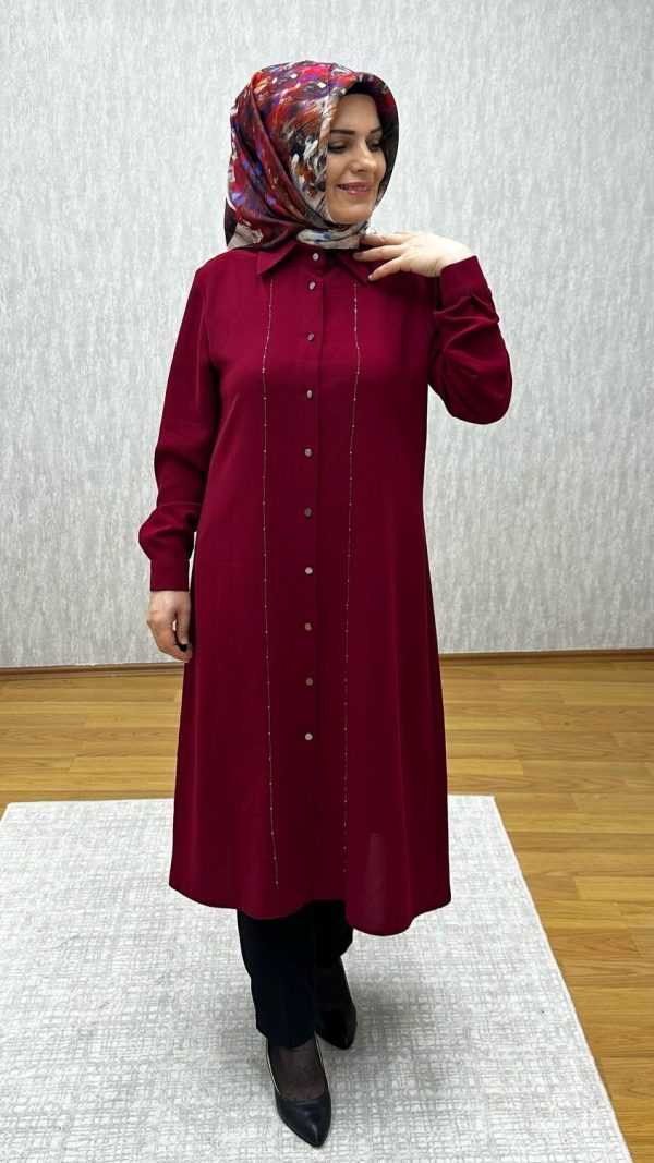 çift sıra taşlı bordo tunik - Görsel 4