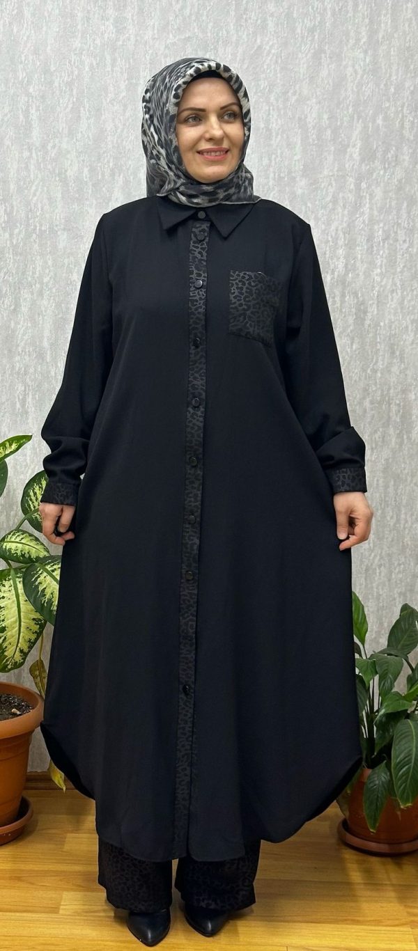 leopar detaylı siyah pantolonlu takım - Görsel 3