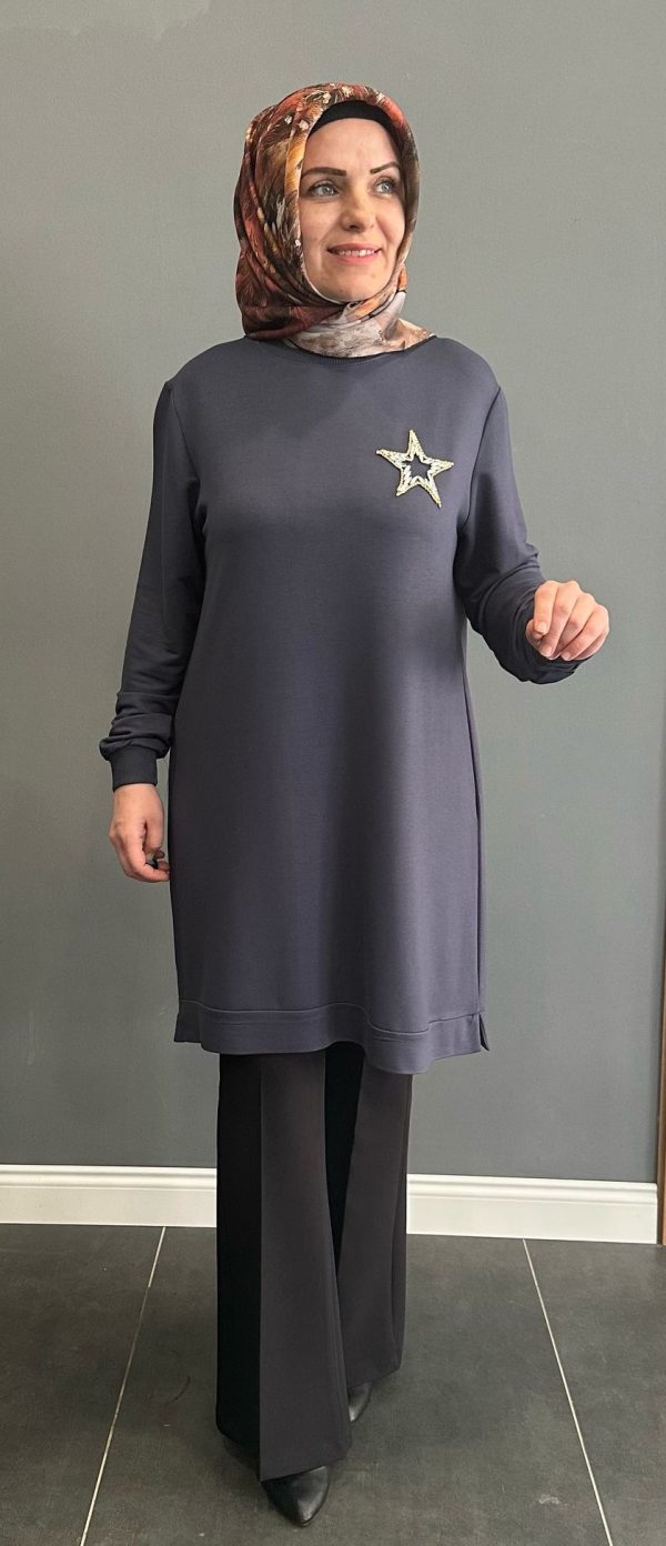 taşlı yıldızlı füme tunik