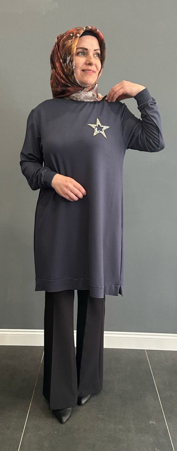 taşlı yıldızlı füme tunik - Görsel 5