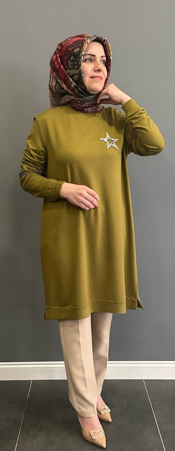 taşlı yıldızlı yağ yeşili tunik - Görsel 3