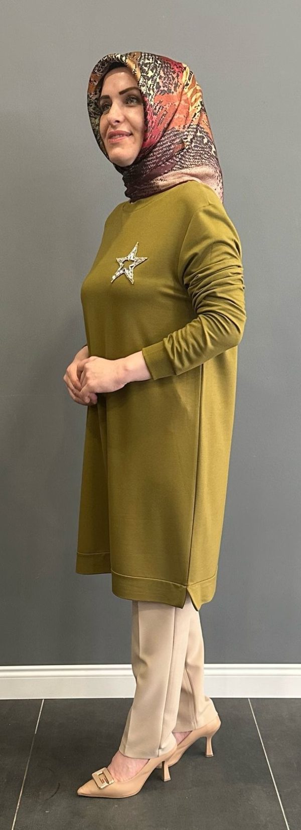 taşlı yıldızlı yağ yeşili tunik - Görsel 4