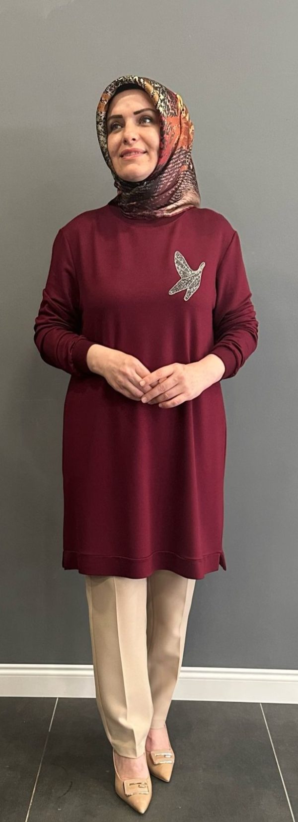 Kuş desenli bordo tunik - Görsel 2