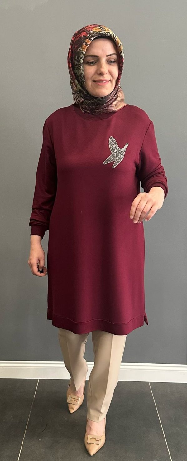 Kuş desenli bordo tunik - Görsel 3
