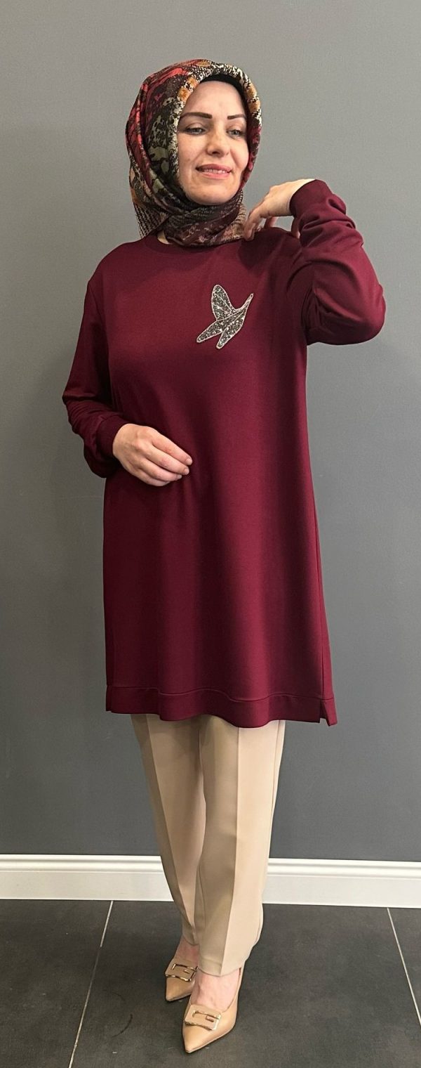 Kuş desenli bordo tunik - Görsel 4