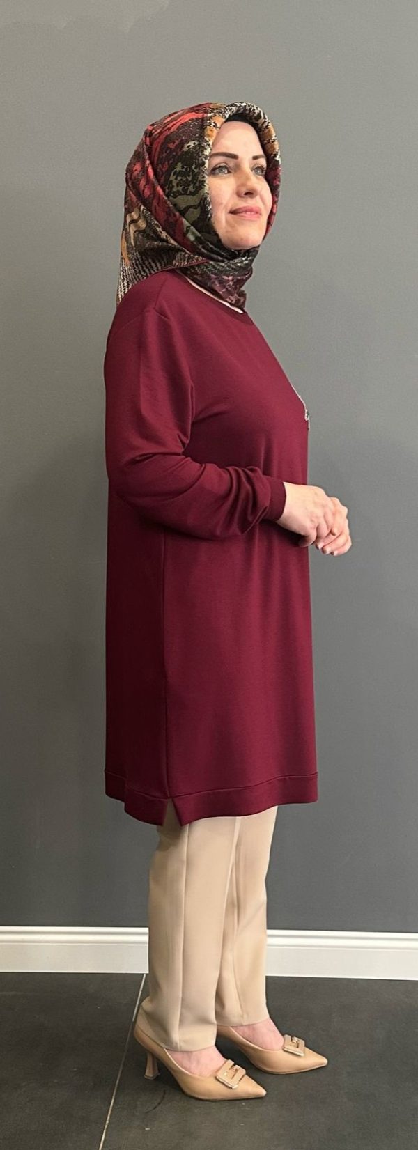 Kuş desenli bordo tunik - Görsel 5