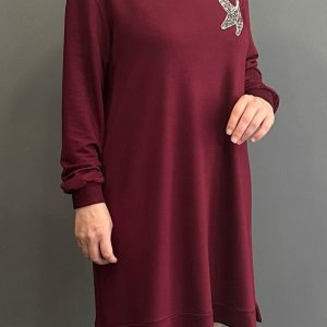 Kuş desenli bordo tunik
