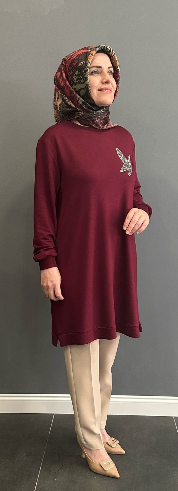 Kuş desenli bordo tunik