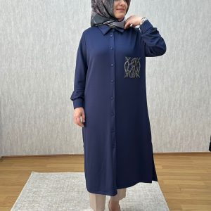 taşlı cep detaylı lacivert oysho tunik