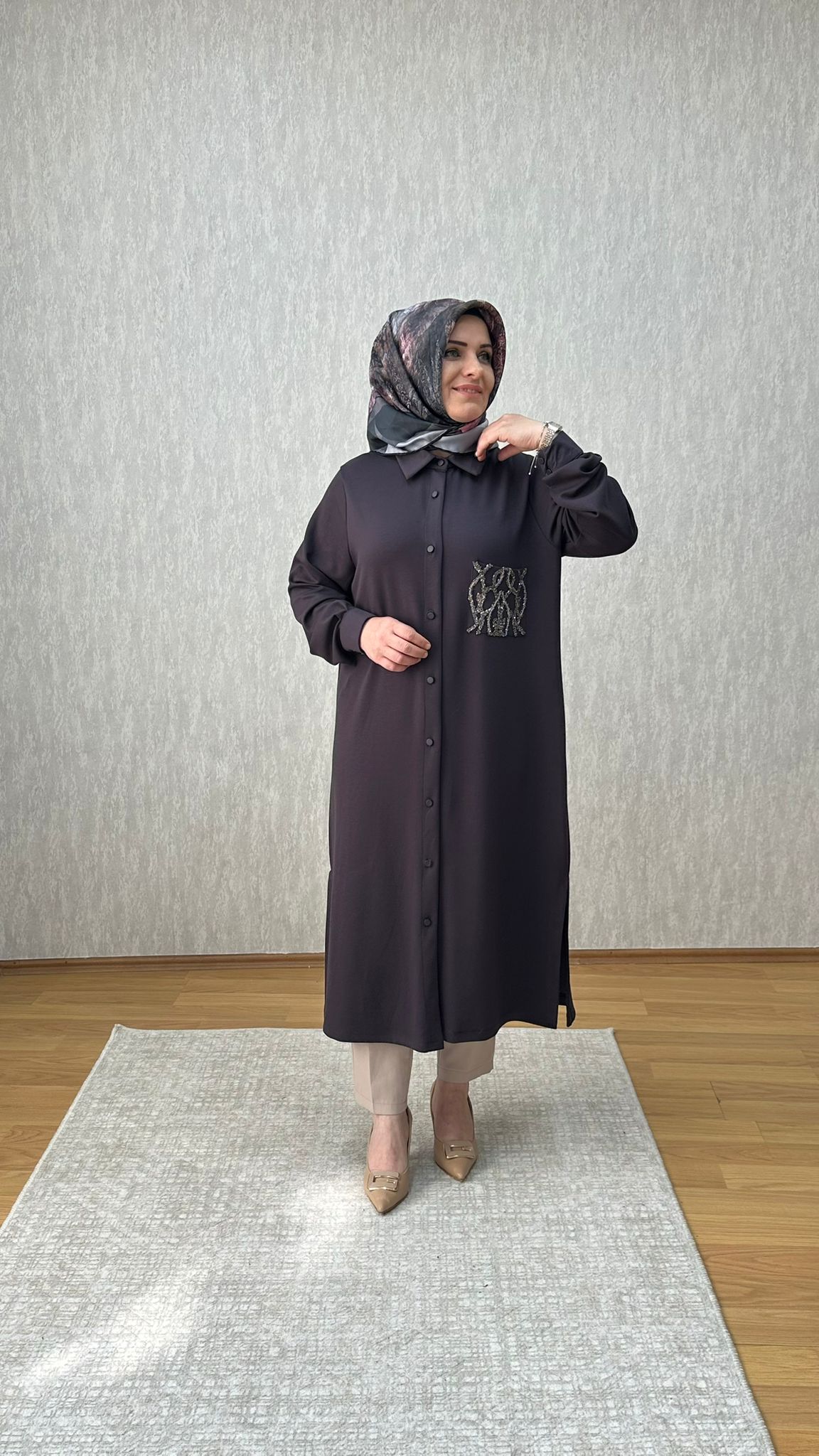 taşlı cep detaylı füme oysho tunik - Görsel 2