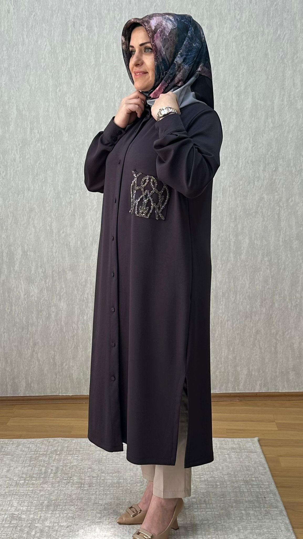 taşlı cep detaylı füme oysho tunik