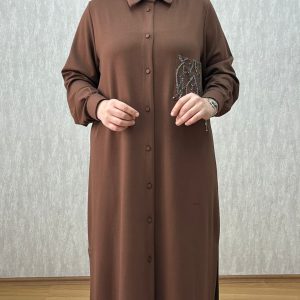 taşlı cep detaylı kahve oysho tunik